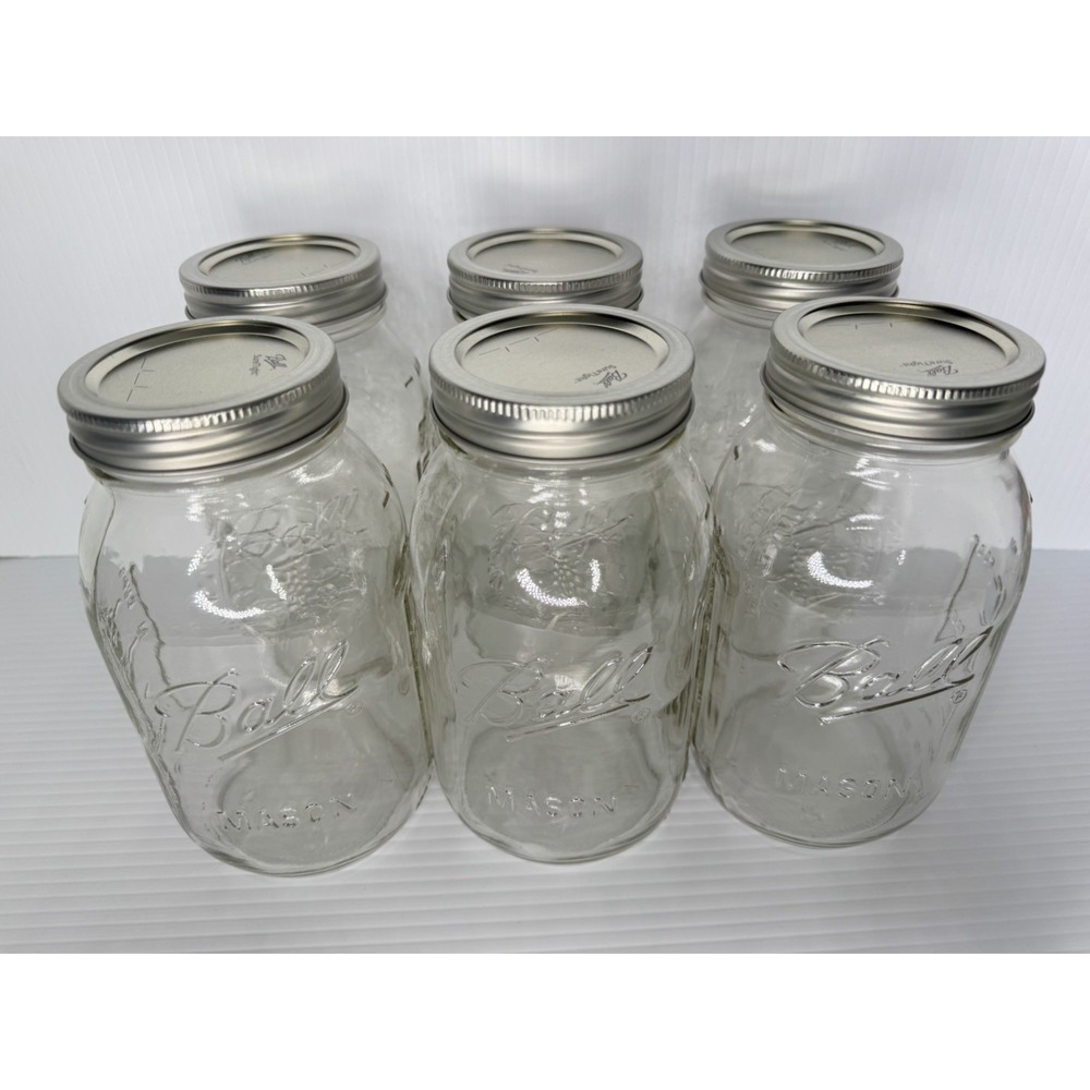 6 new Ball Mason 1 qt Clear Glass Canning Jars Vintage Floral, Metal Lid